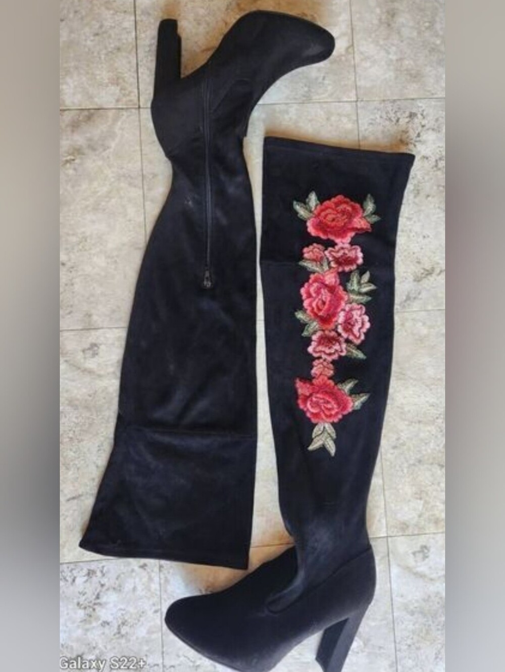 Justfab Black faux suede Womens Over the Knee heeled Boots Pink Rose Embroidery